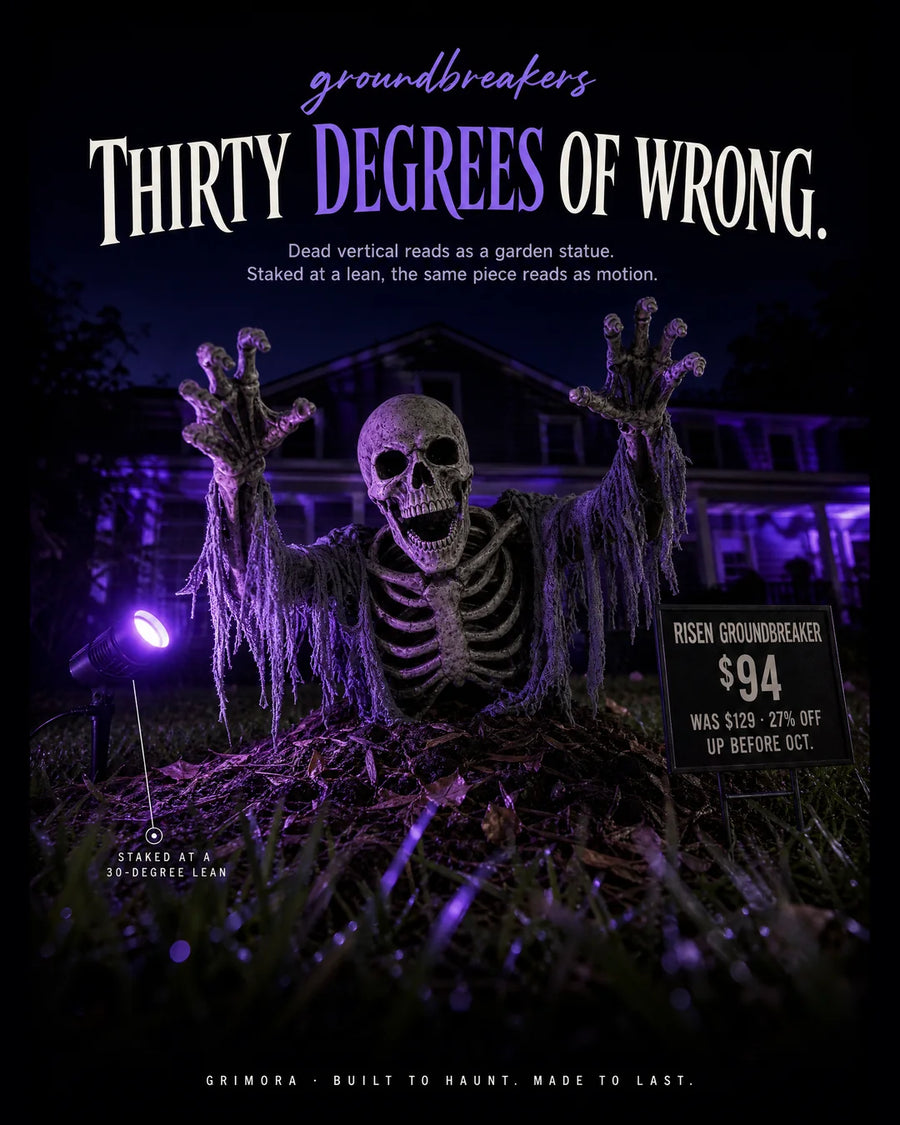 Thirty degrees wrong is the whole trick. A groundbreaker leaning straight up reads as a statue — tilt it toward the sidewalk and it reads as coming for you.