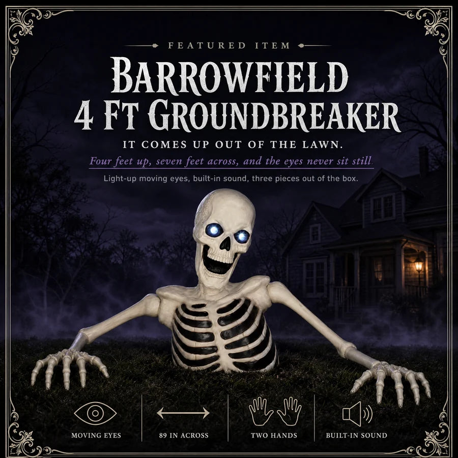 Framed featured card: the groundbreaker lit on a night lawn under the product name, with four outline seals