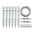 Helical ground stakes, steel cable, tensioners and prop clips laid out flat