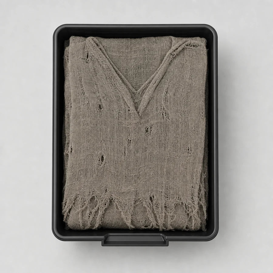 The slide-out tray she packs down into, robe folded flat beside the frame