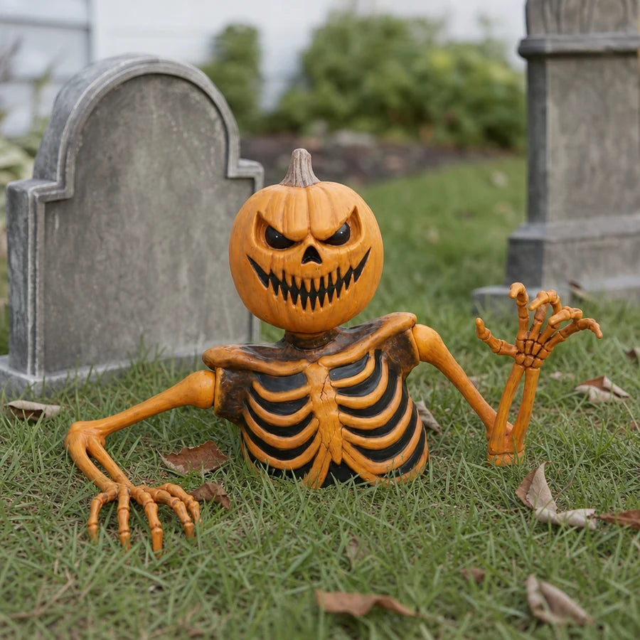 Set beside a low gravestone marker in a yard graveyard display