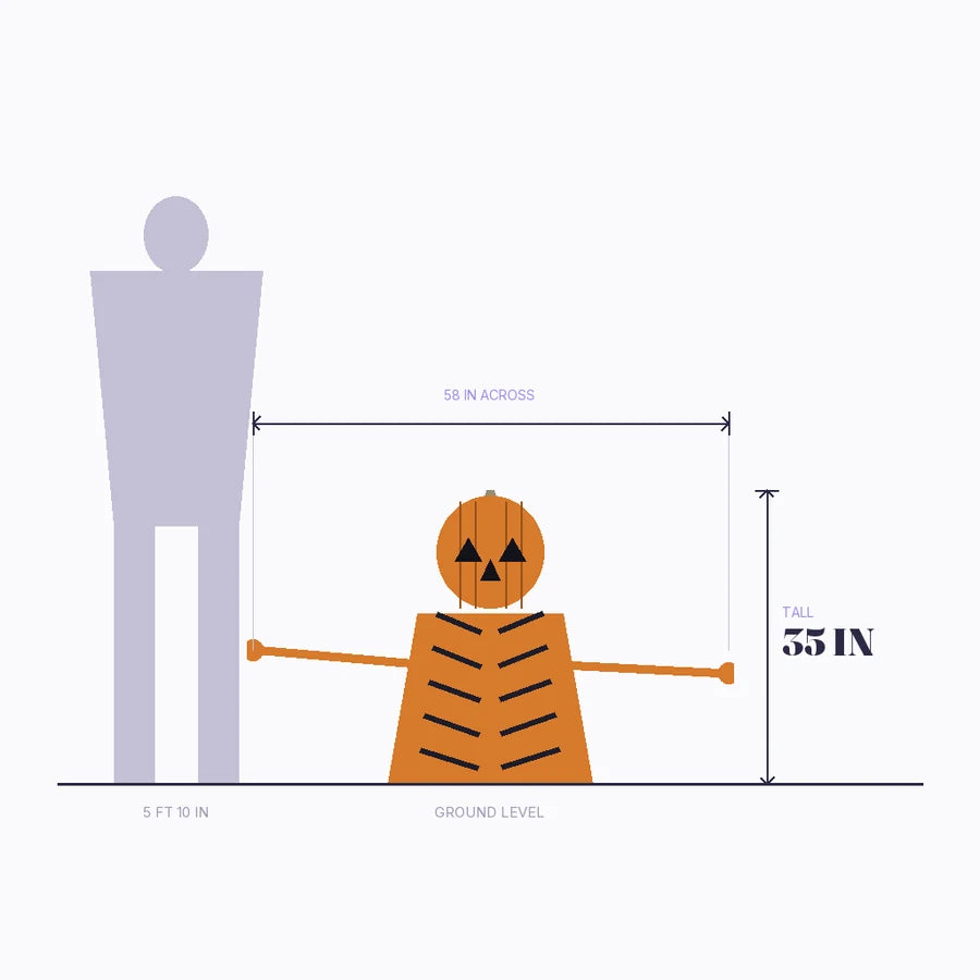 Size diagram: 35 in tall and 58 in across, beside a grey adult silhouette