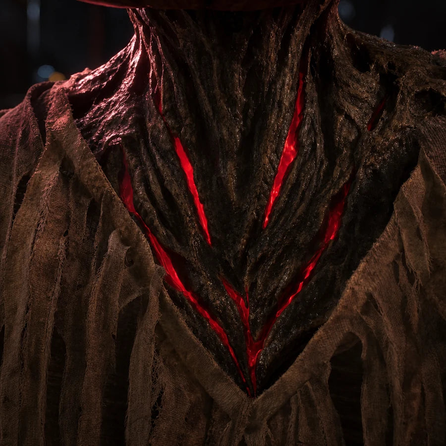 Close crop of the neck and chest showing narrow glowing red cracks running down like veins