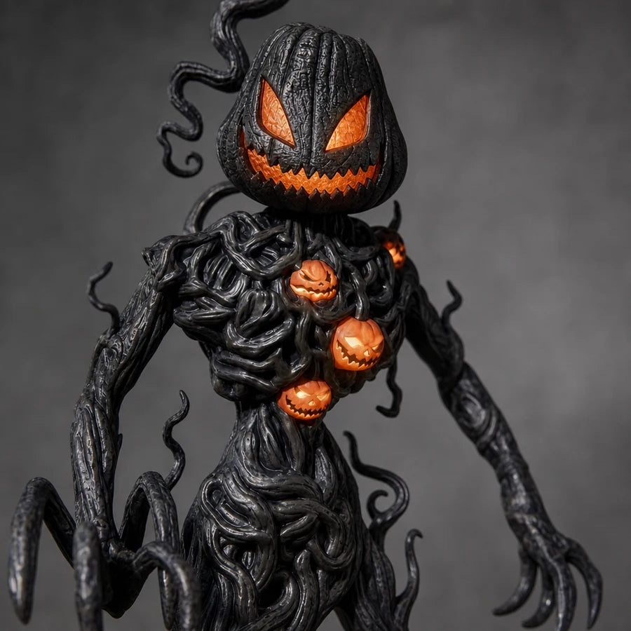 Macro of two smaller pumpkins glowing along the twisted vine body