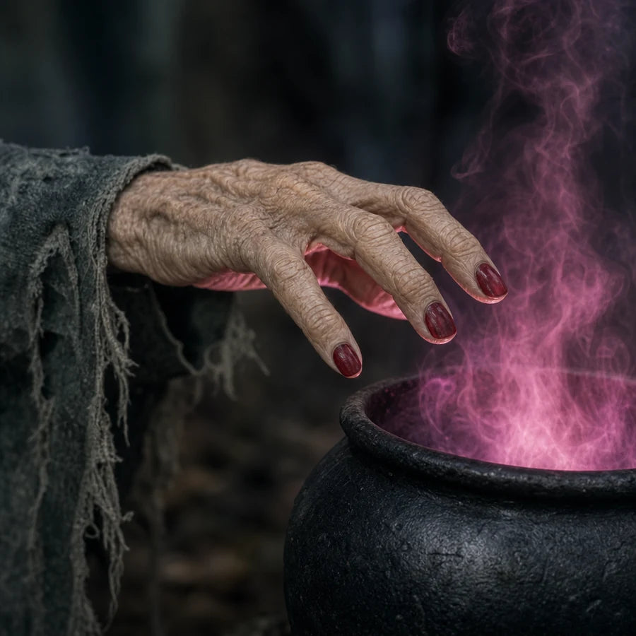 Her free hand reaching into a black cauldron, pink smoke curling up over the rim