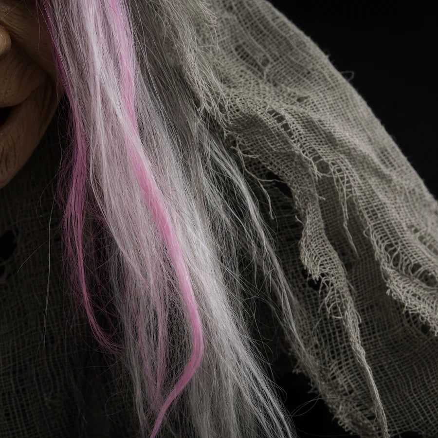 The layered grey hair, streaked pink and white, falling past her shoulders