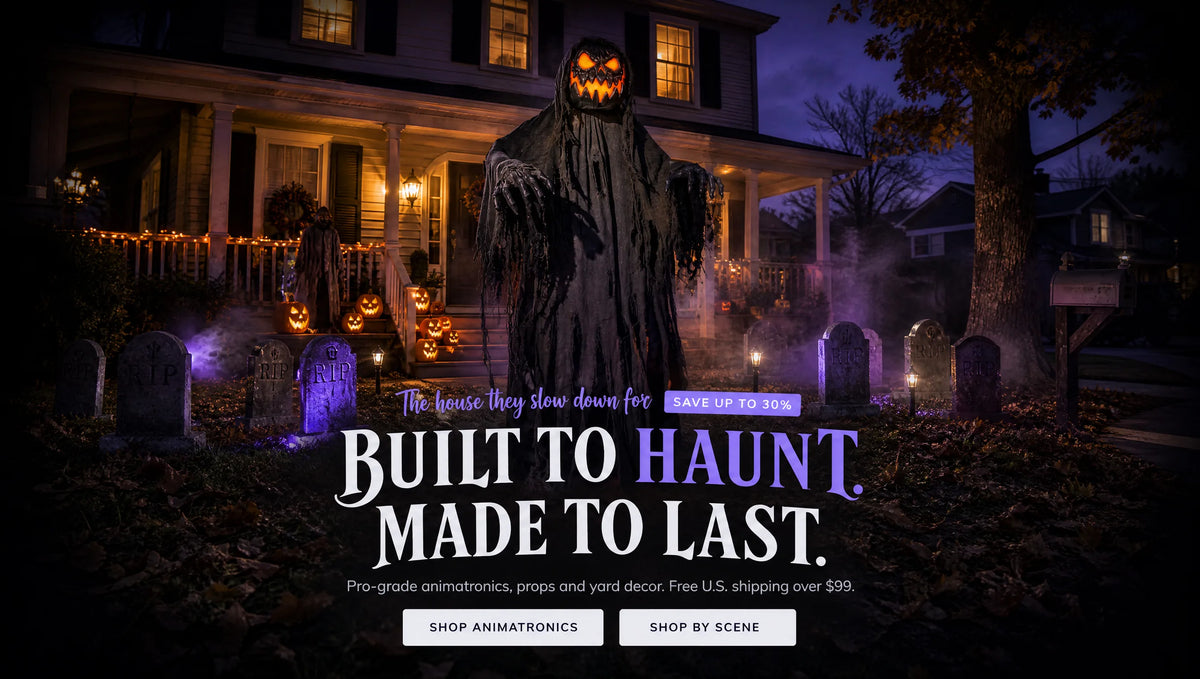 The yard they slow down for. Animatronics, props and lighting, wind-tested. SHOP THE YARD