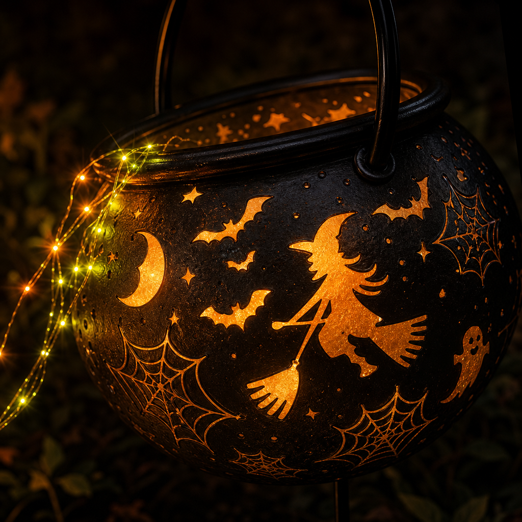 Macro of the cauldron's glowing amber cutout shapes