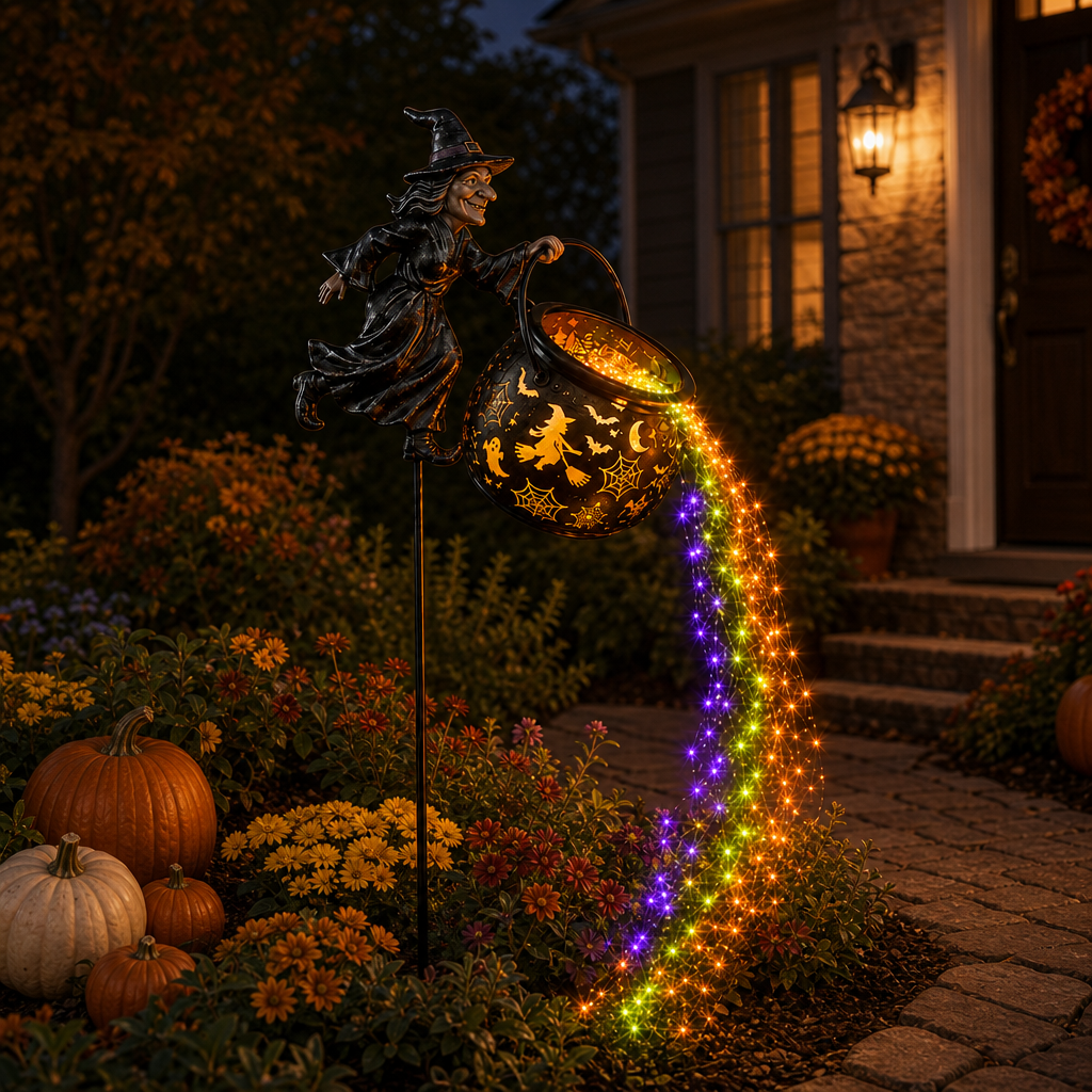 The witch and cauldron stake freshly planted at dusk, its glow just starting to catch