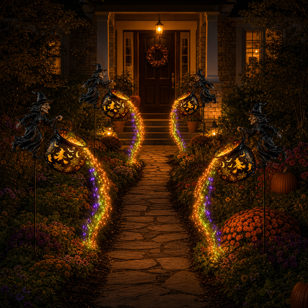 Four matching cauldron stakes lining a stone walkway at night