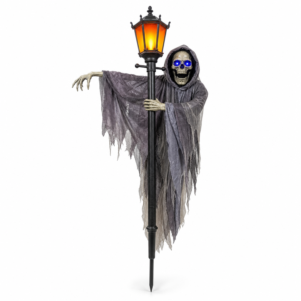 Hooded lantern ghoul stake, amber lantern lit, blue eyes glowing