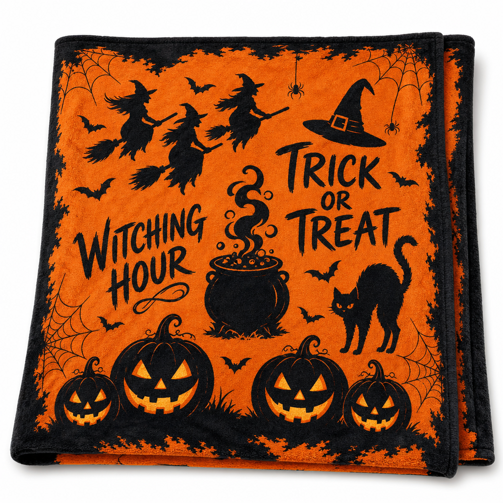 Duskweave Witch Throw Blanket folded on white, witches, cauldron and jack-o'-lanterns