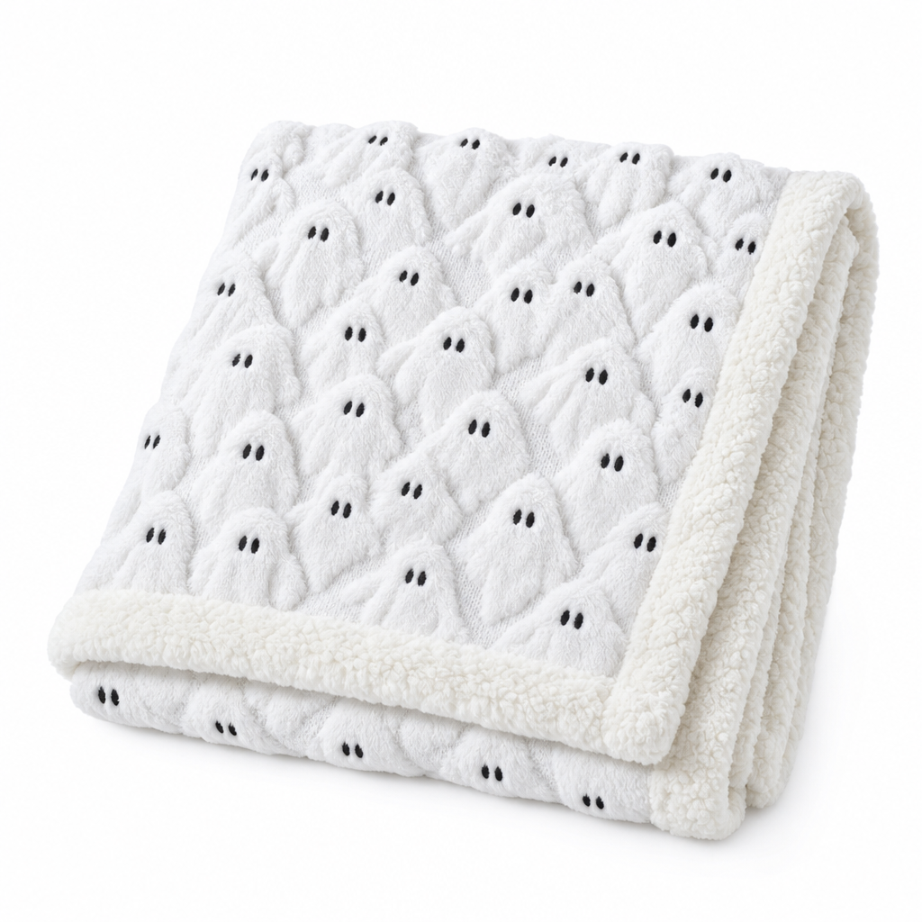 Palewisp Ghost Throw Blanket folded on white, raised ghost texture and embroidered eyes